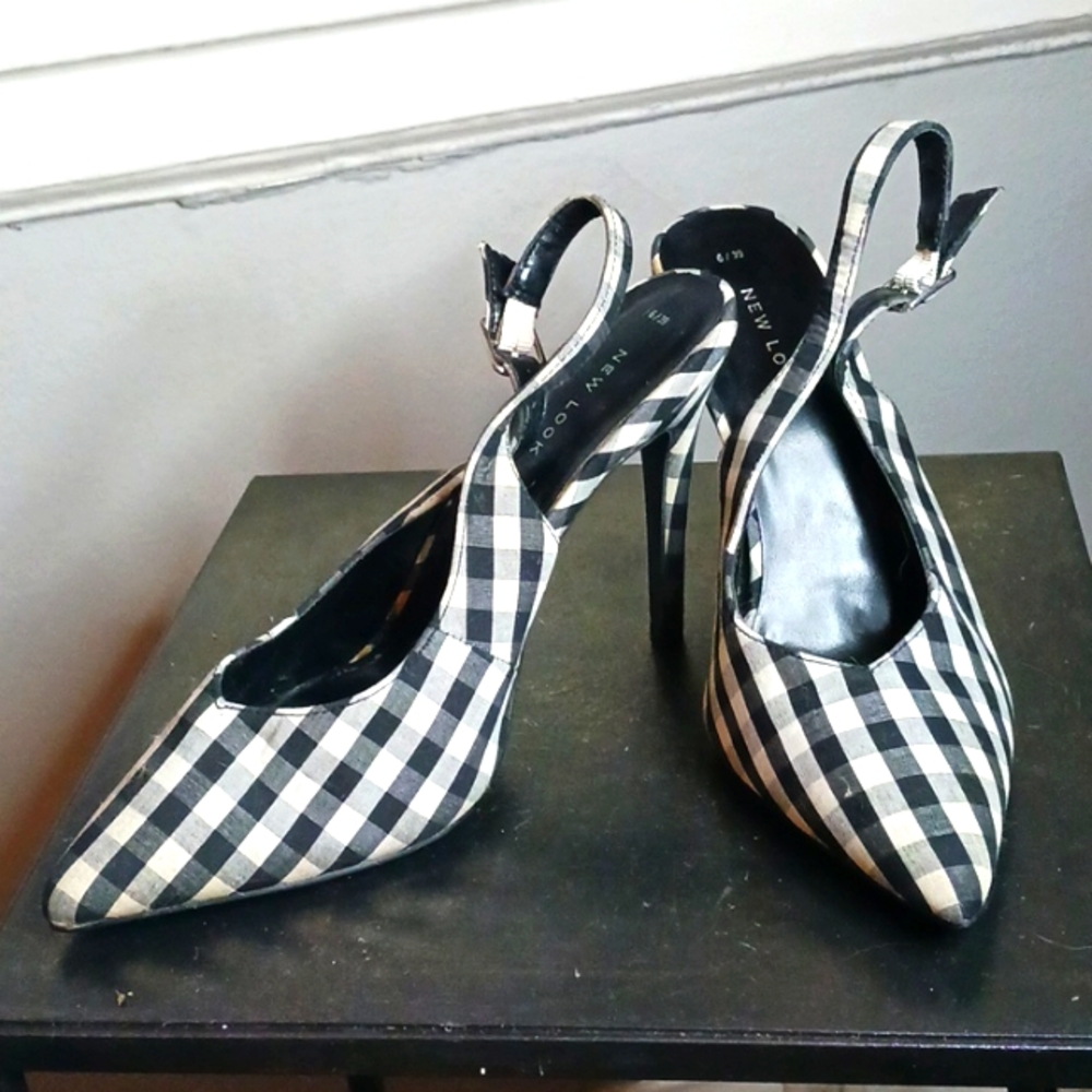Black and white, gingham, strap back, stiletto